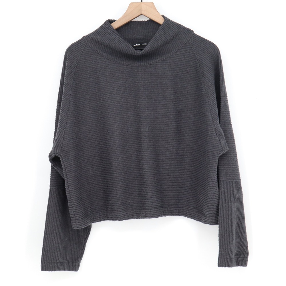 prAna Sweater Womens M Funnel Neck Ribbed Charcoal Gray Relaxed Knit Excellent